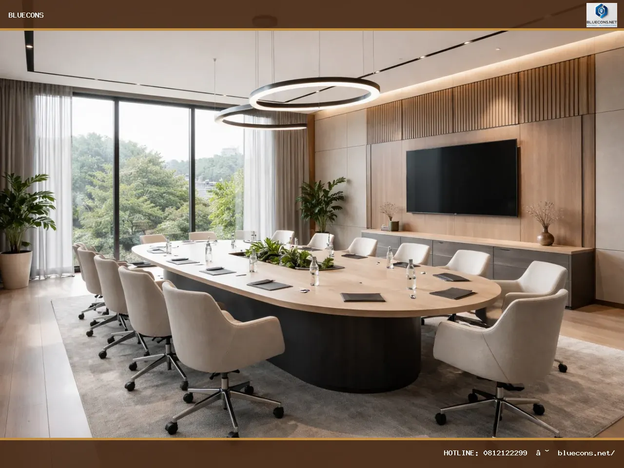 Bàn họp oval khởi nguồn xu hướng nội thất phòng họp 2026 – ảnh minh họa Bluecons