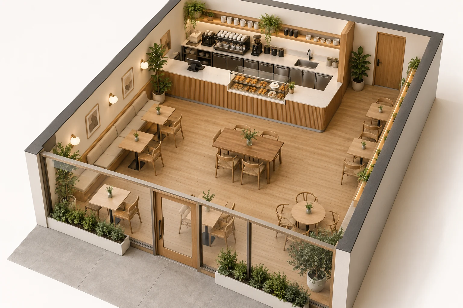 Minh họa AI mặt bằng quán cafe nhìn chéo từ trên với quầy cuối phòng