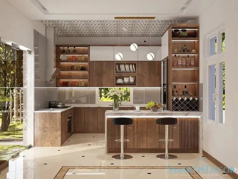 Quầy bar bếp đẹp bằng chất liệu kết hợp