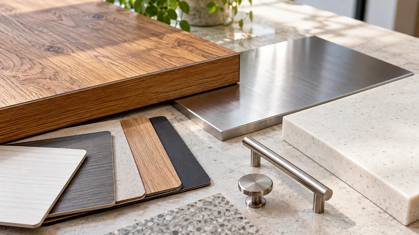 Mẫu vật liệu gỗ, laminate, inox, mặt đá và phụ kiện cho quầy pha chế