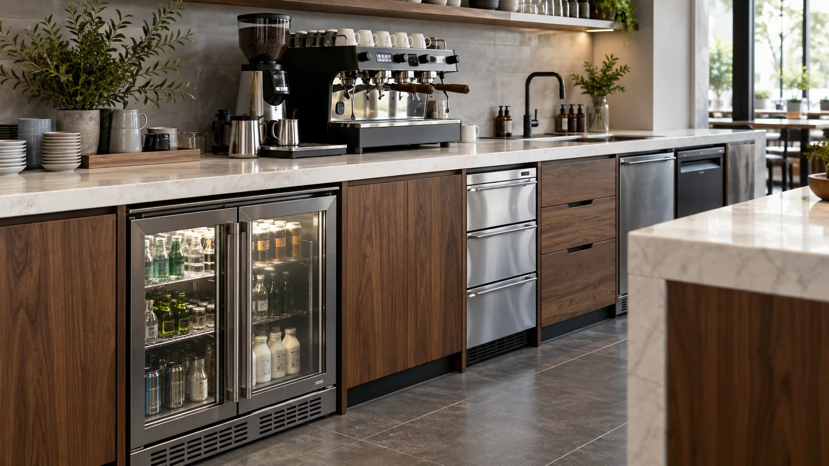 Quầy pha chế tích hợp máy espresso, tủ lạnh, chậu rửa và khoang tủ