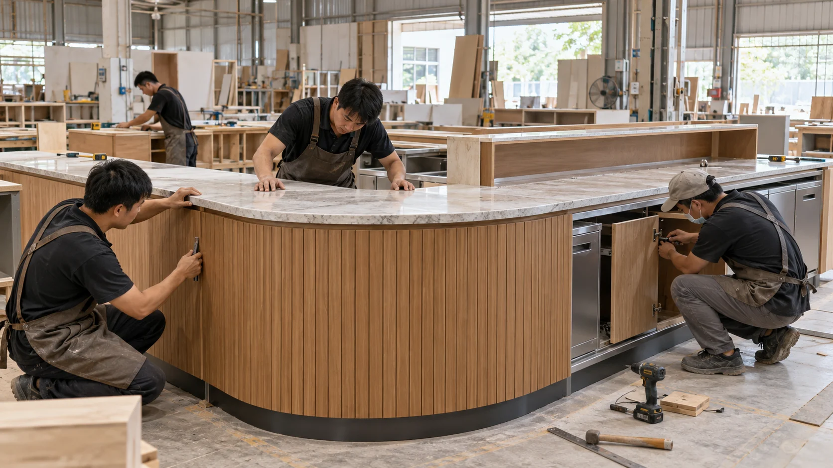 Thợ lắp ráp quầy pha chế gỗ và căn chỉnh mặt bàn tại xưởng