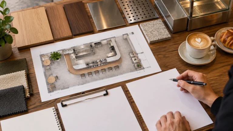 Bản vẽ quầy pha chế và mẫu vật liệu được rà soát trước khi báo giá