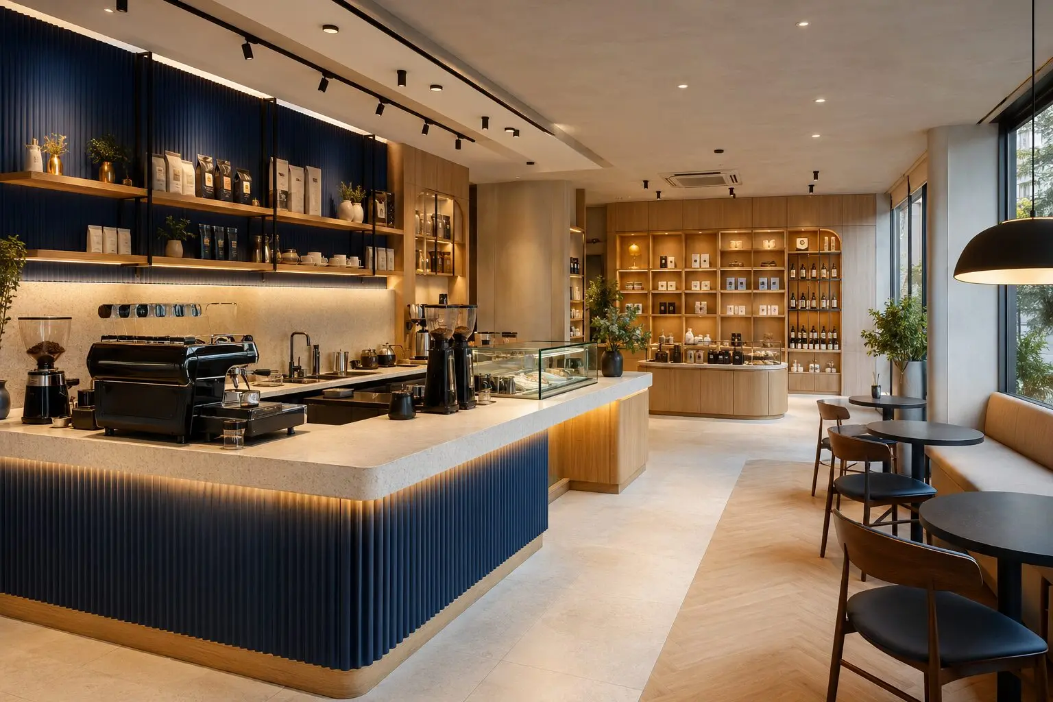Dự án thi công quầy cafe và showroom hiện đại Bluecons