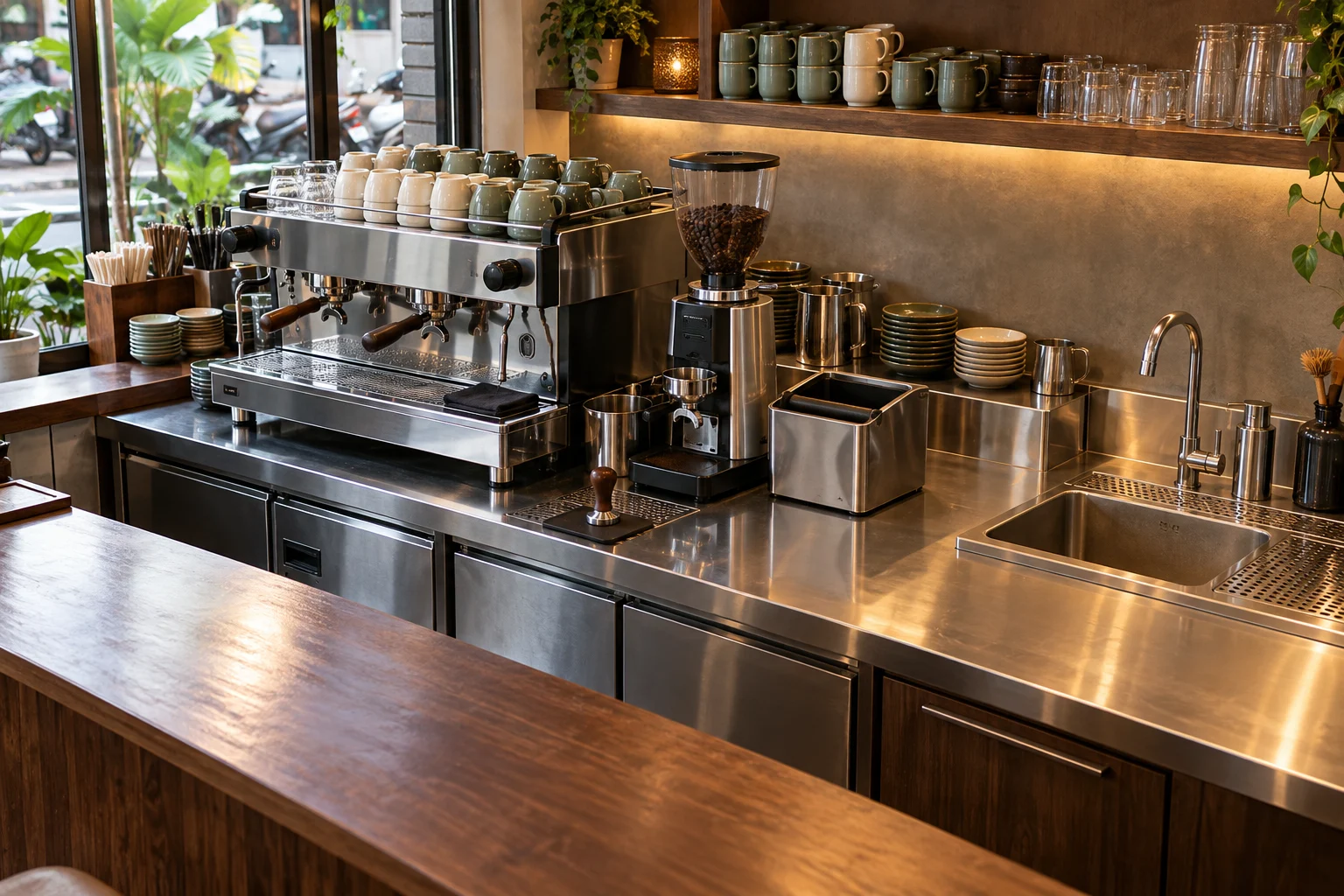 Khu pha chế cafe gọn với máy móc theo trình tự thao tác