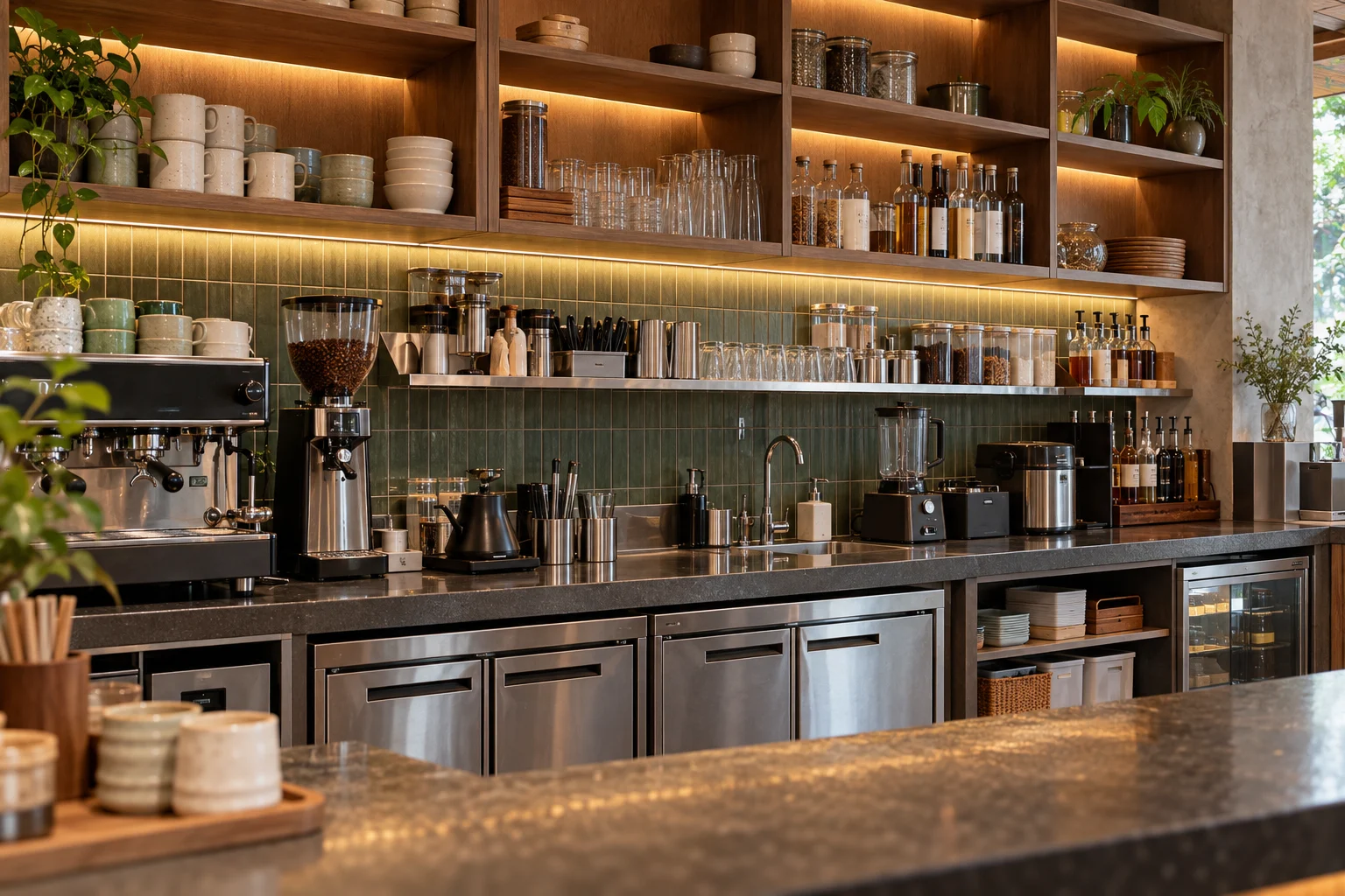 Kệ lưu trữ phía sau quầy cafe với thiết bị gọn gàng