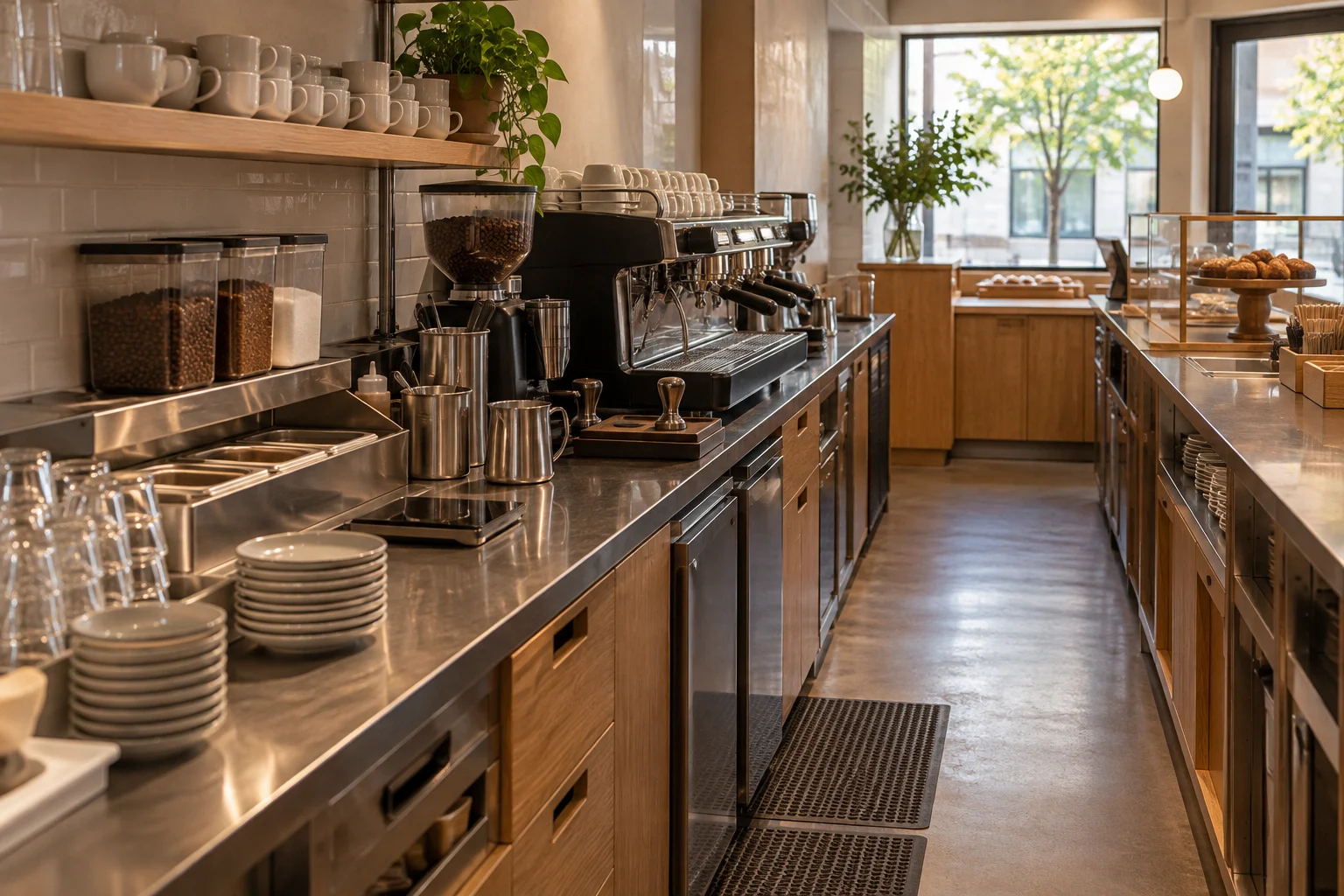 Quầy cafe hẹp theo luồng một chiều từ chuẩn bị đến giao món