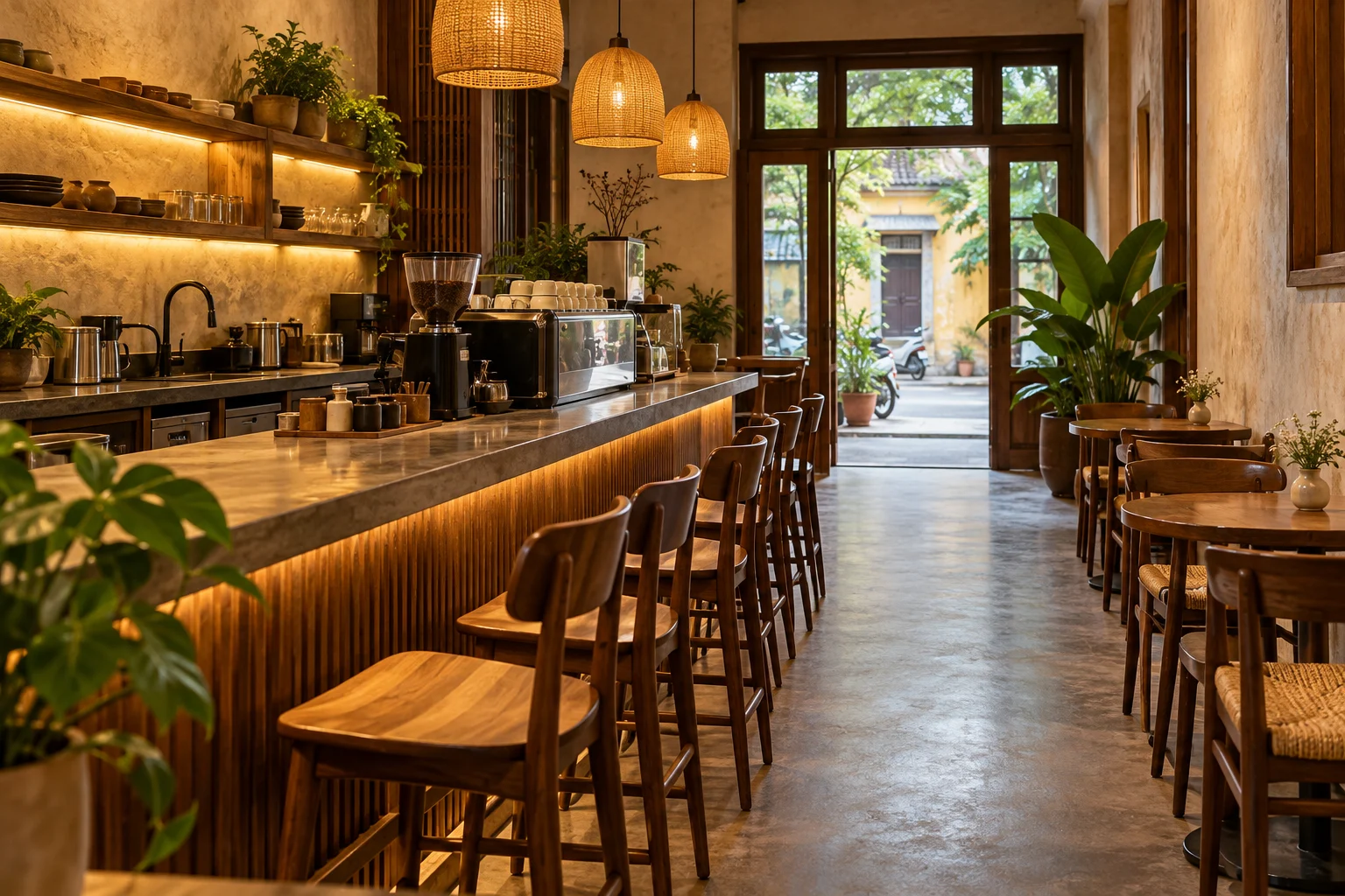 Quầy cafe nhỏ với lối đi nhân viên và khu khách nhận món