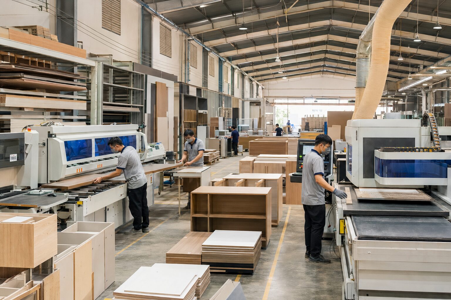 Xưởng sản xuất nội thất Bluecons với máy CNC và dán cạnh