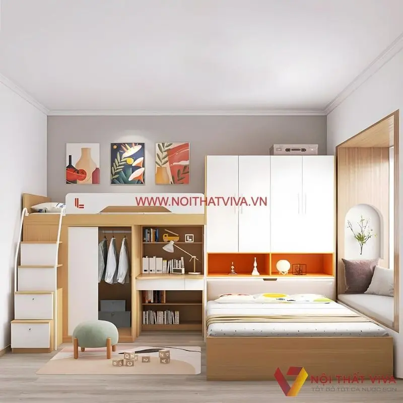 Giường 2 tầng kết hợp tủ áo kem bàn học gỗ MDF phủ melamine hiện đại