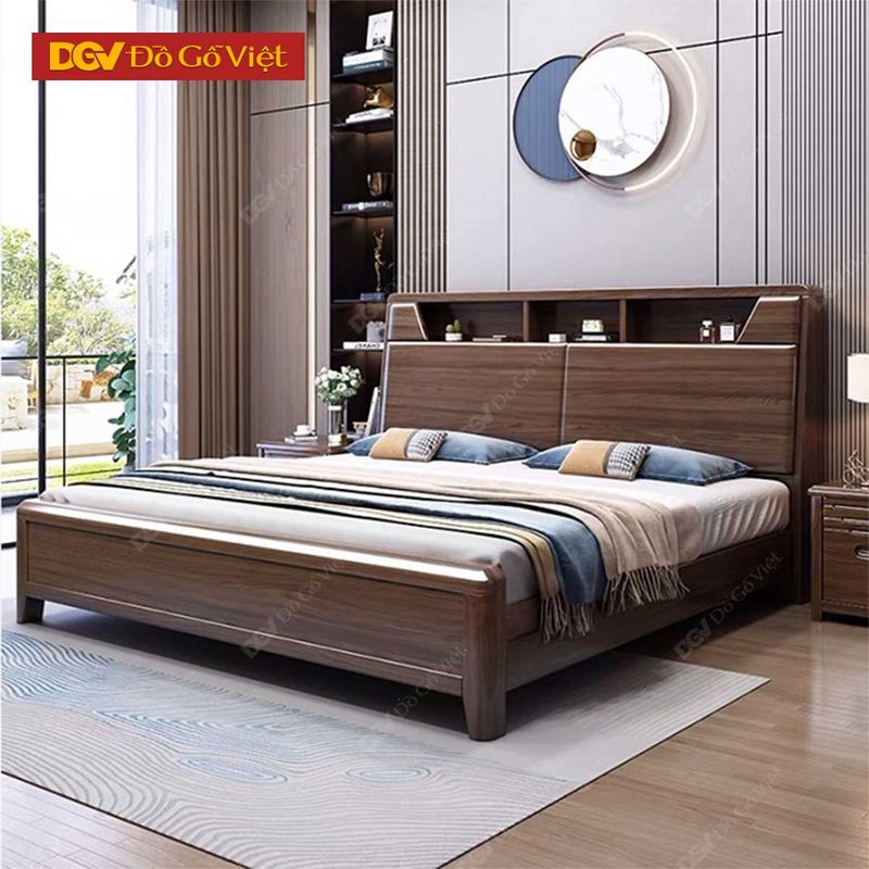 Giường gỗ sồi tự nhiên hiện đại chân cao, đầu giường nhỏ gọn