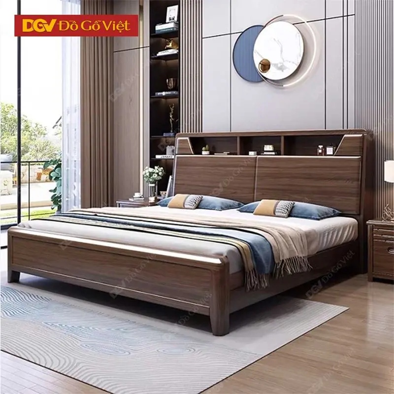 Giường gỗ sồi tự nhiên hiện đại chân cao, đầu giường nhỏ gọn