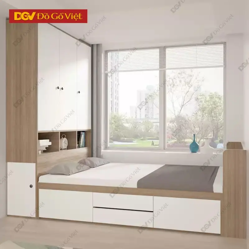 Mẫu giường MDF kết hợp tủ áo và bàn học