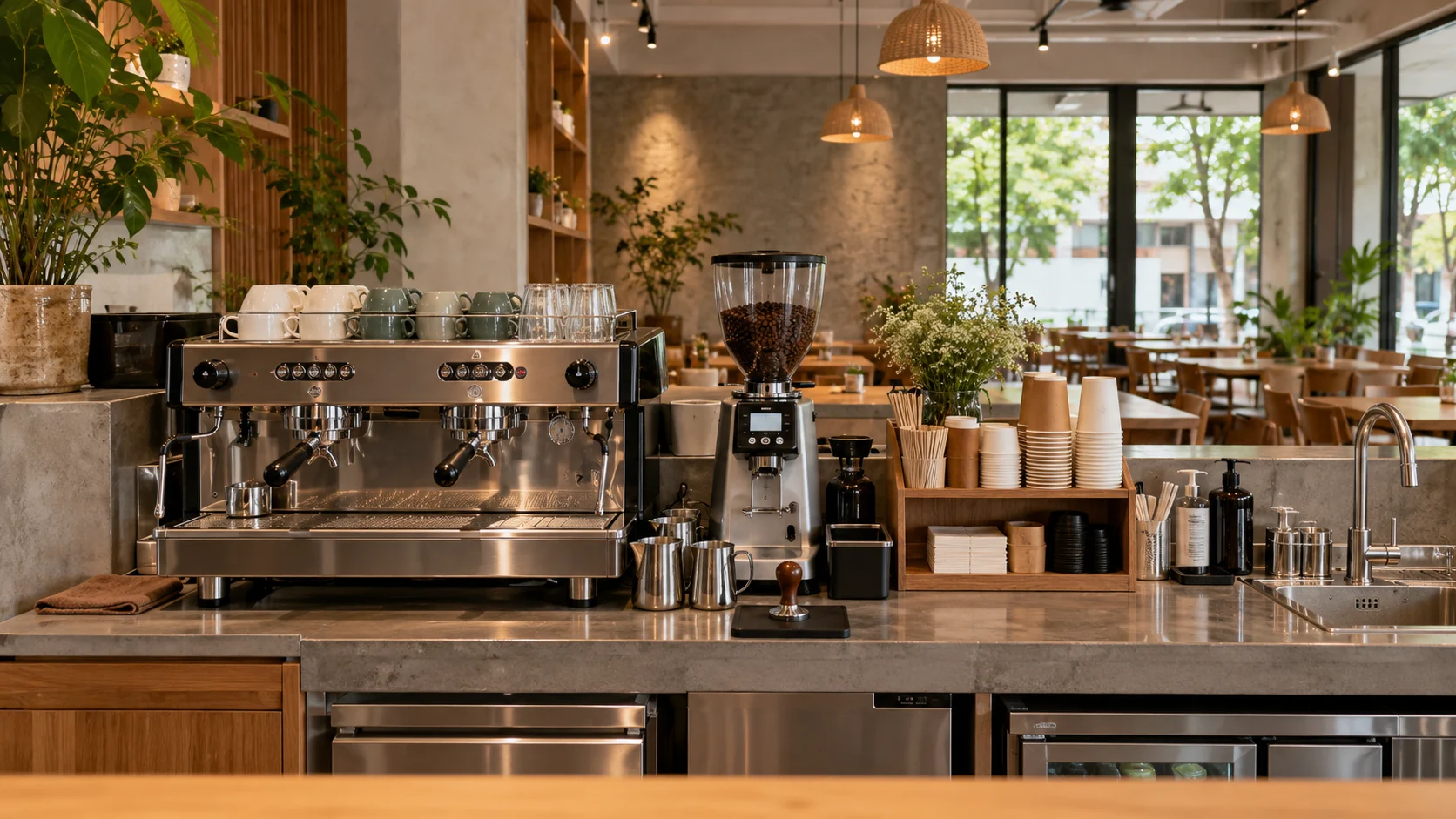 Bố trí máy pha, máy xay và khu đặt ly trên quầy pha chế