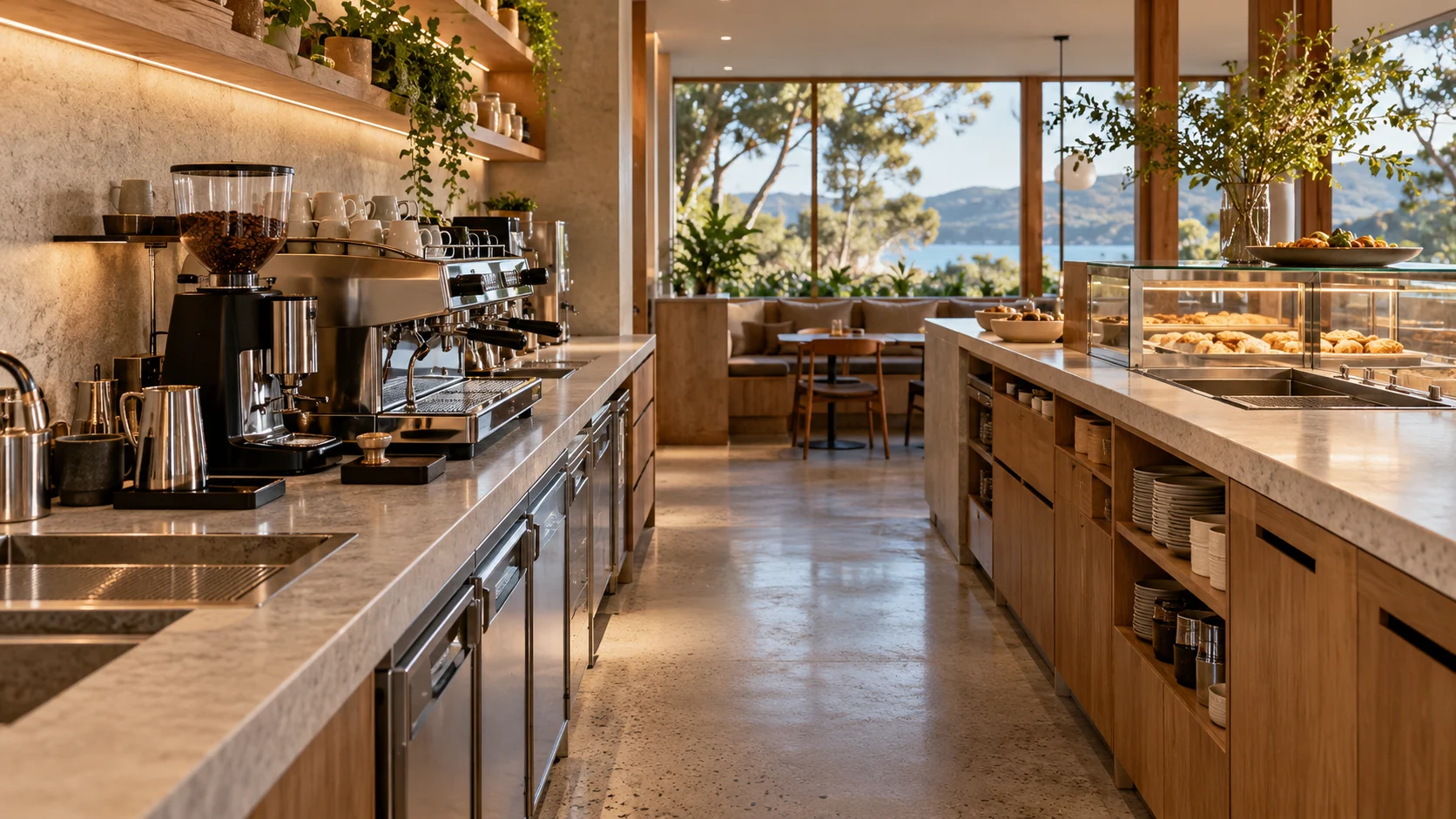 Quầy pha chế hoàn thiện có mặt thao tác rộng và lối đi thông thoáng