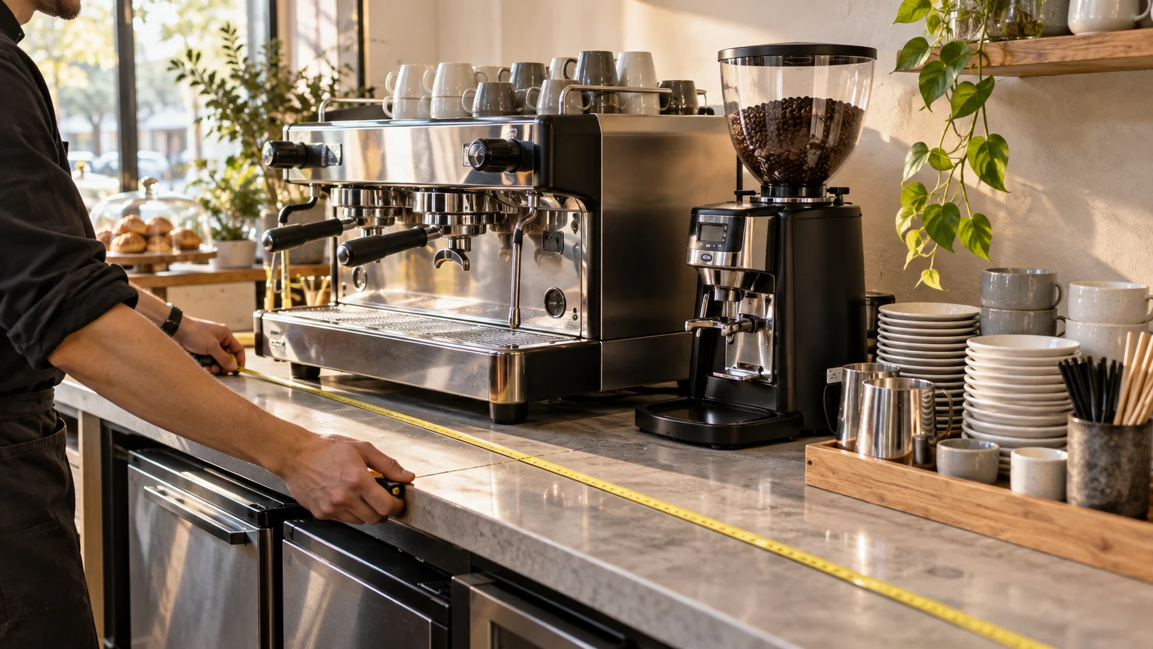 Thiết bị pha chế được bố trí thử trên mặt quầy để kiểm tra khoảng thao tác