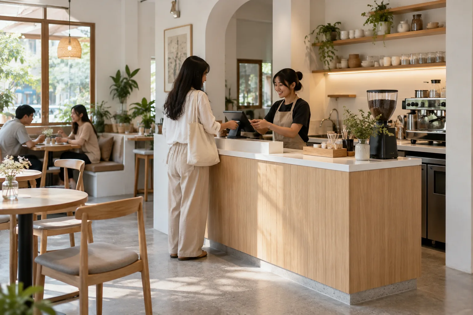 Quầy thu ngân gọn trong quán cafe nhỏ với lối thao tác và khu khách thanh toán rõ ràng
