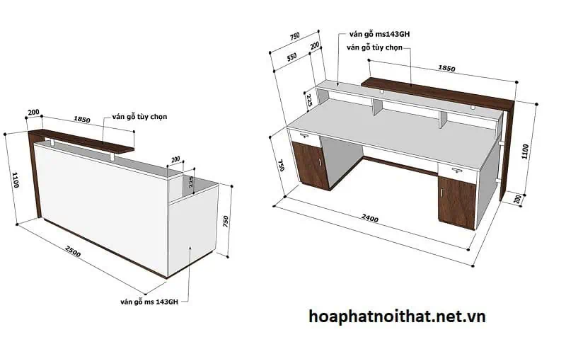 Kích thước quầy lễ tân tích hợp