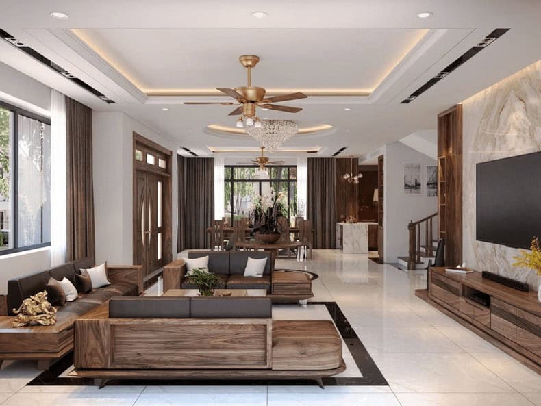 Trần thạch cao phòng khách 25m2 sang trọng