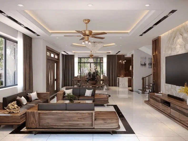 Trần thạch cao phòng khách 25m2 sang trọng