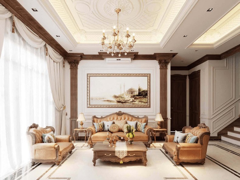 Trần thạch cao phòng khách 25m2 đèn chùm