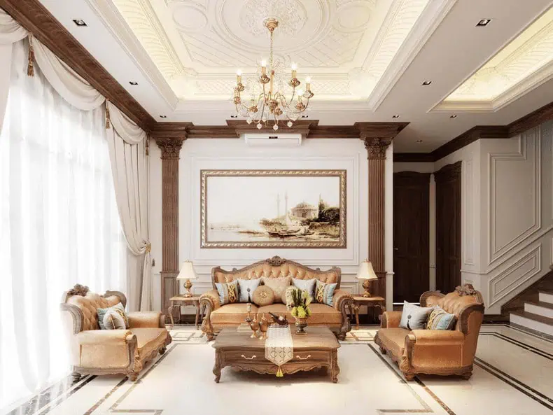 Trần thạch cao phòng khách 25m2 đèn chùm