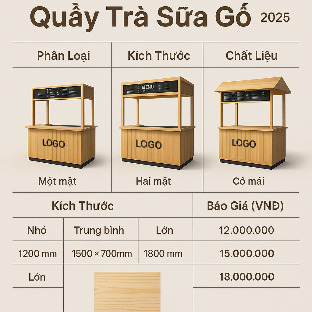 Phân loại, Kích thước, Chất liệu và Báo giá Quầy Trà Sữa Gỗ cho năm 2025 Bluecons