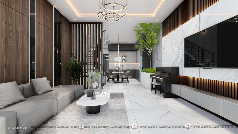 Phòng khách nhà ống 3 tầng có giếng trời