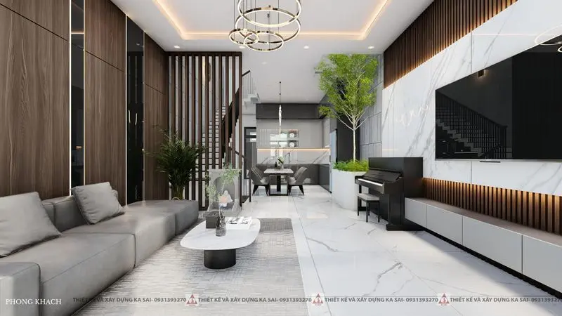 Phòng khách nhà ống 3 tầng có giếng trời