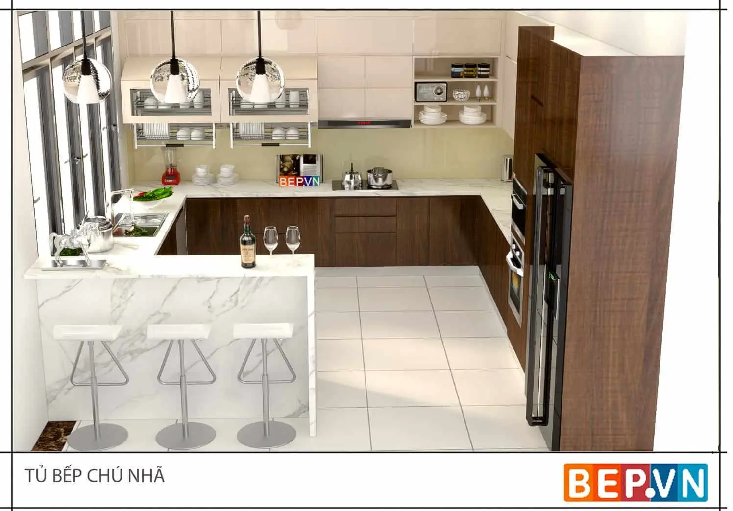 Tủ bếp hiện đại kết hợp quầy bar