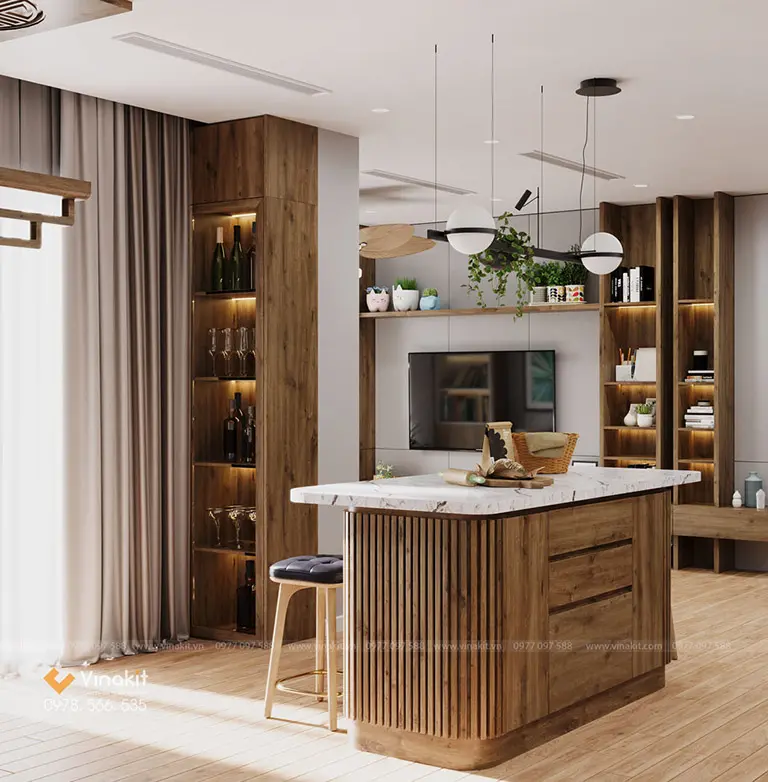 Mẫu quầy bar ngăn bếp và phòng khách với màu sắc ấn tượng