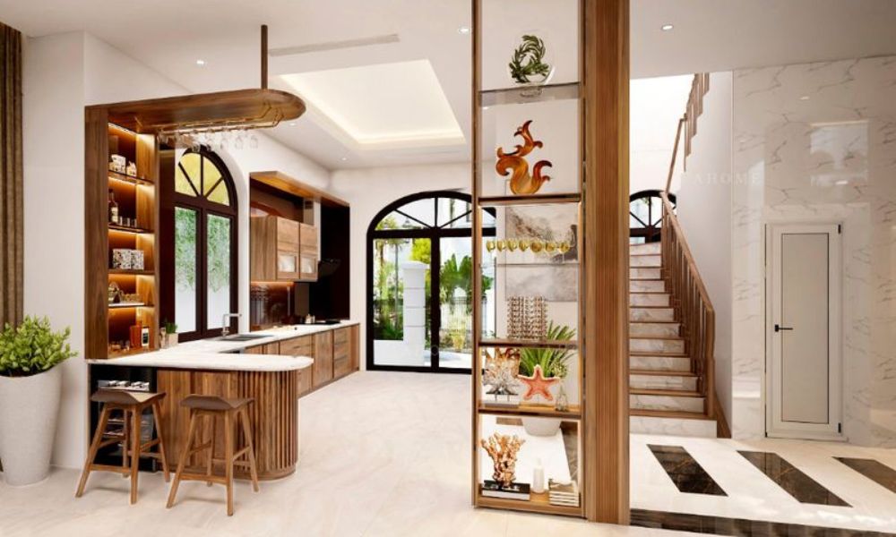 Quầy bar ngăn bếp và phòng khách hiện đại