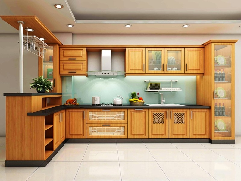 Quầy bar gỗ tự nhiên trong không gian bếp