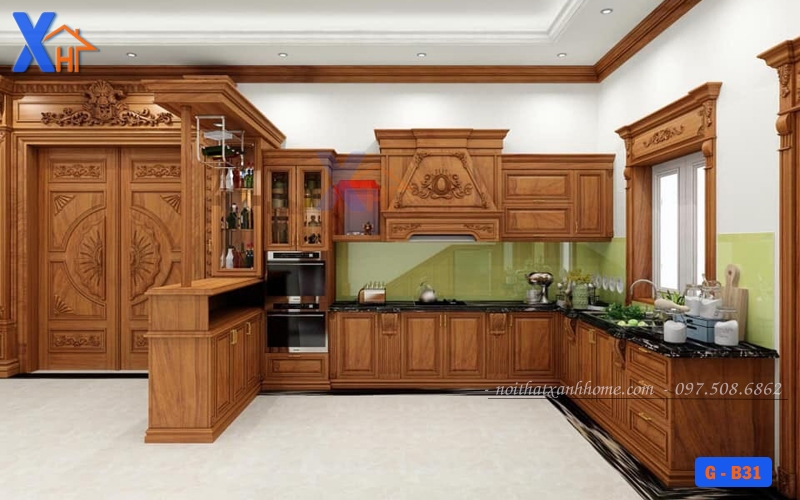 Tủ bếp với quầy bar gỗ hiện đại