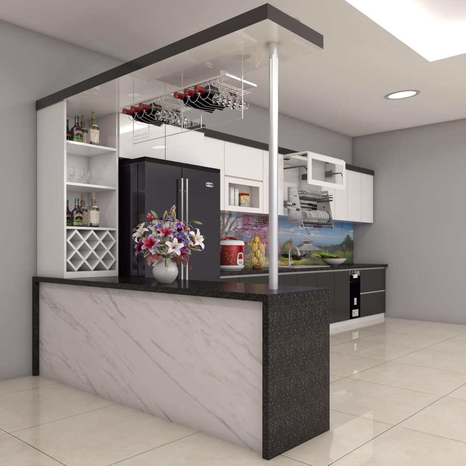 Mẫu tủ bếp có quầy bar mini