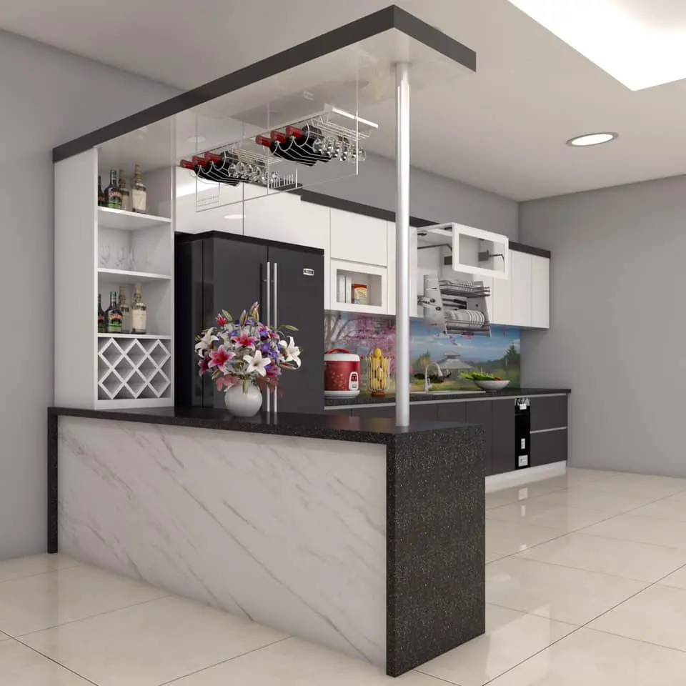 Mẫu tủ bếp có quầy bar mini