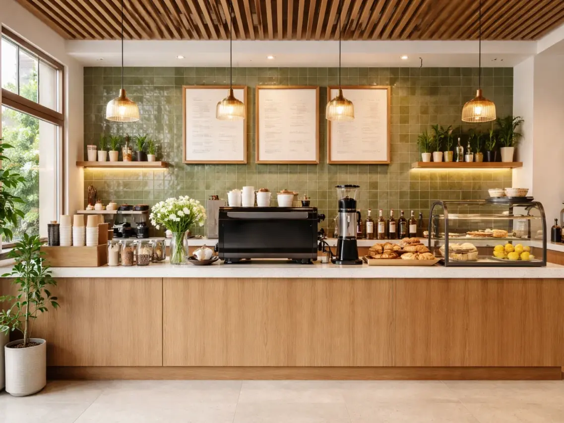 quầy cafe có kệ trưng bày – hình ảnh Bluecons