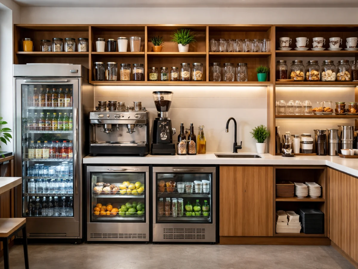quầy cafe có kệ trưng bày – ảnh minh họa