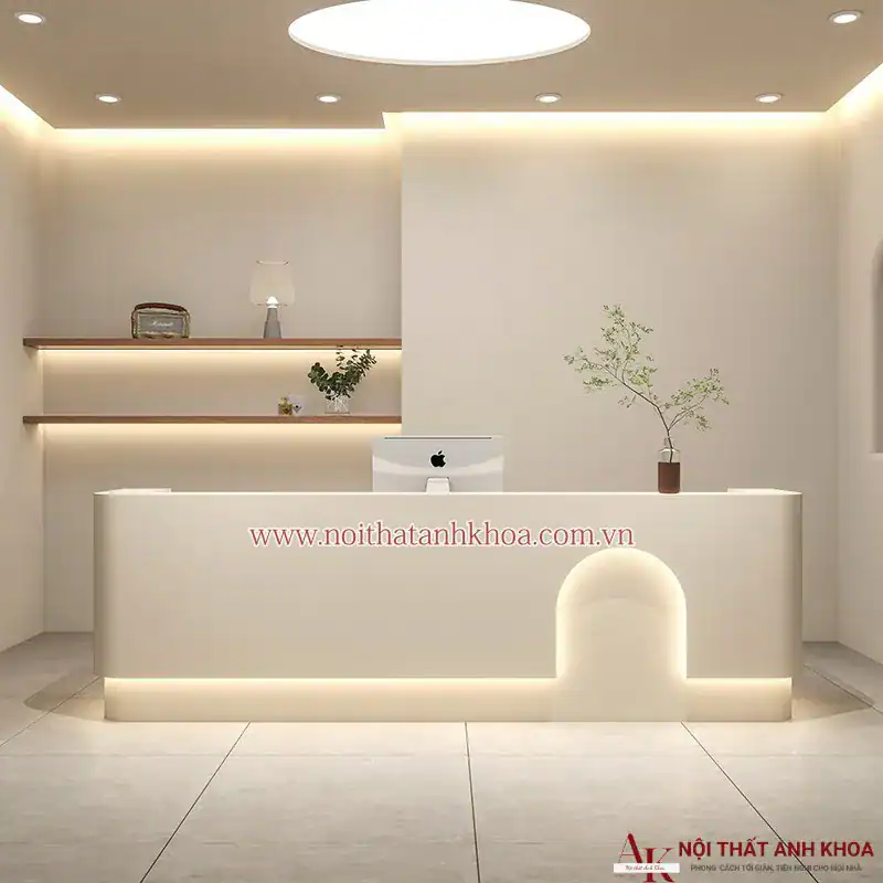 Quầy lễ tân hiện đại với gam màu trắng
