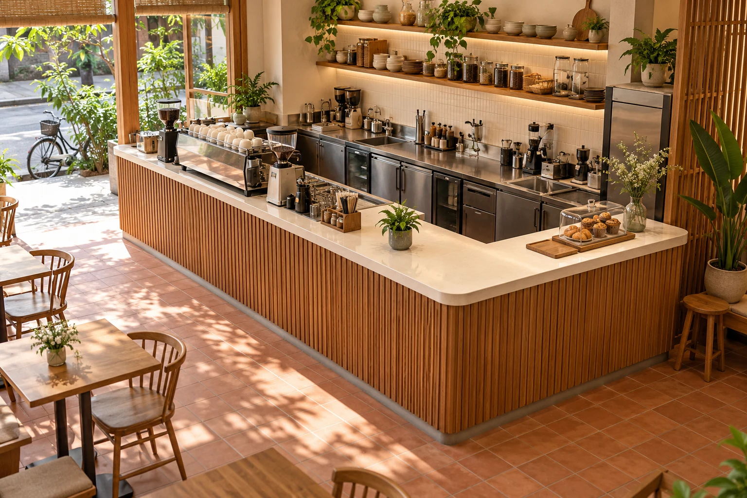 Minh họa AI quầy pha chế chữ L mặt sáng và thân nan gỗ trong quán cafe