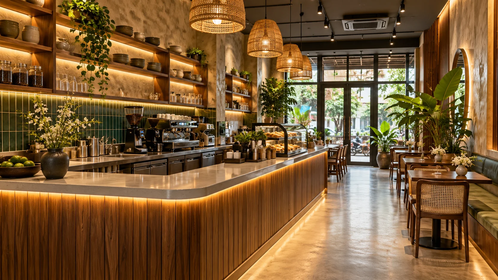quầy pha chế cafe 3m - ảnh AI hoàn thiện