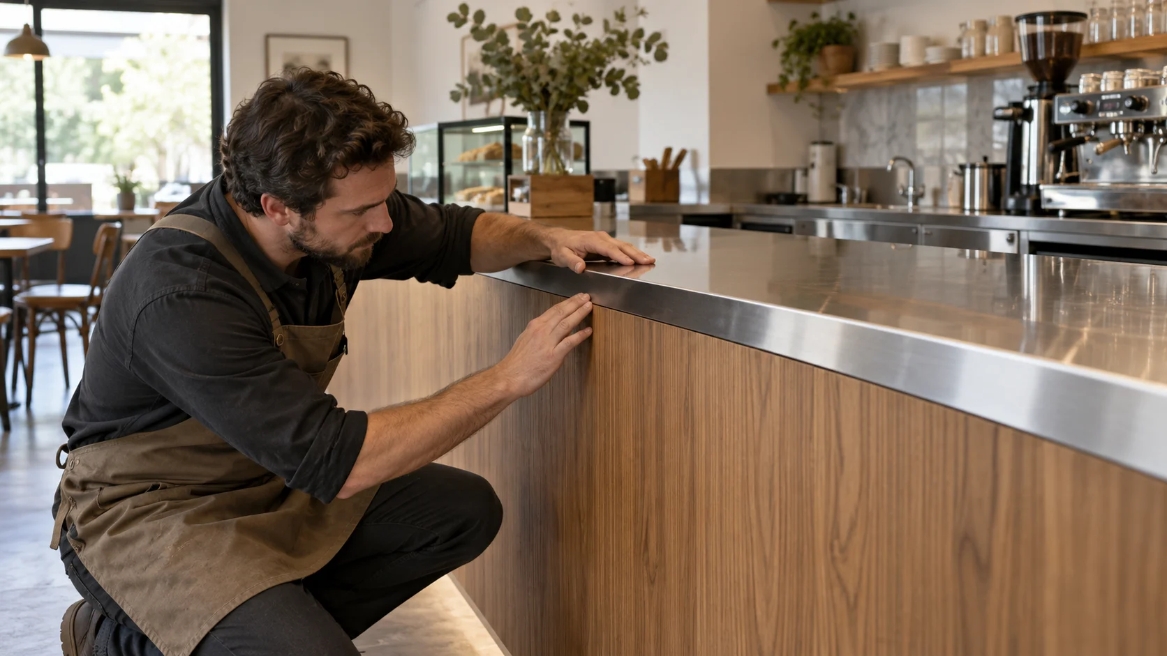 Kiểm tra bề mặt gỗ và inox của quầy pha chế trước khi bàn giao