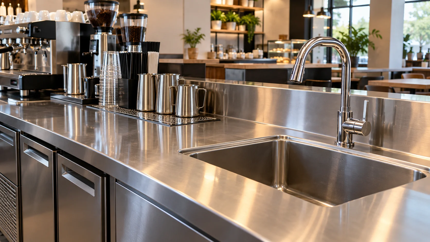 Mặt inox quầy pha chế được vệ sinh tại khu thao tác ướt