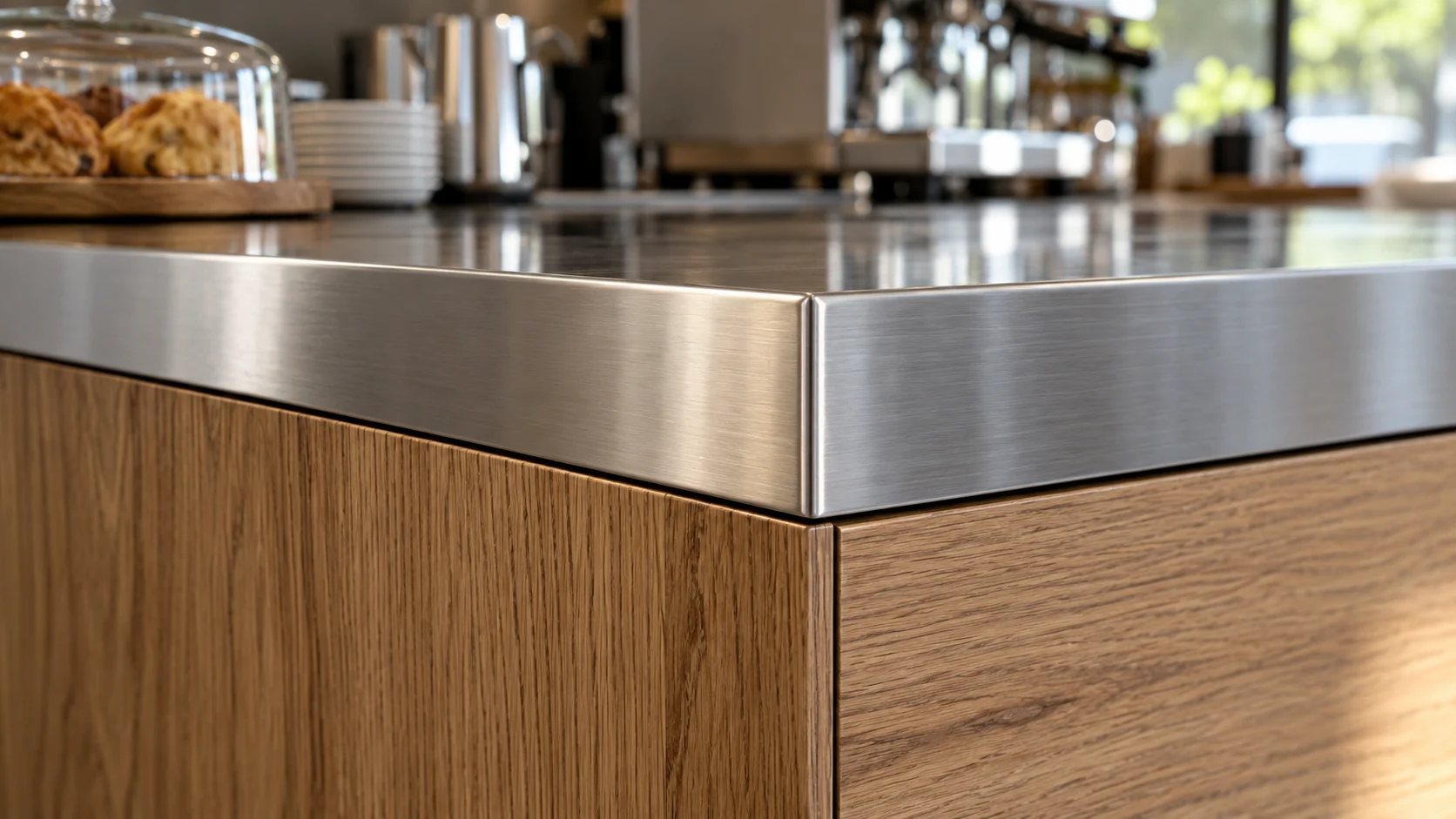 Mối nối giữa mặt inox và phần tủ gỗ tại quầy pha chế