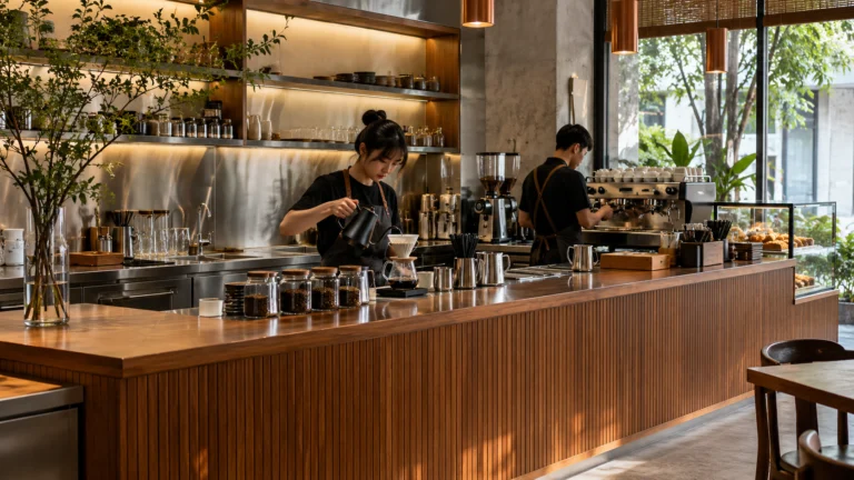 Quầy pha chế phối hợp mặt ngoài gỗ và khu thao tác inox
