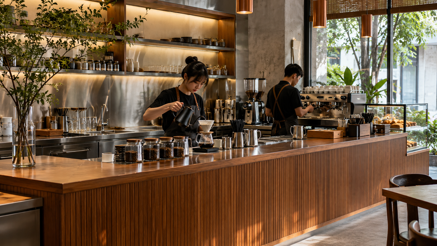 Quầy pha chế phối hợp mặt ngoài gỗ và khu thao tác inox
