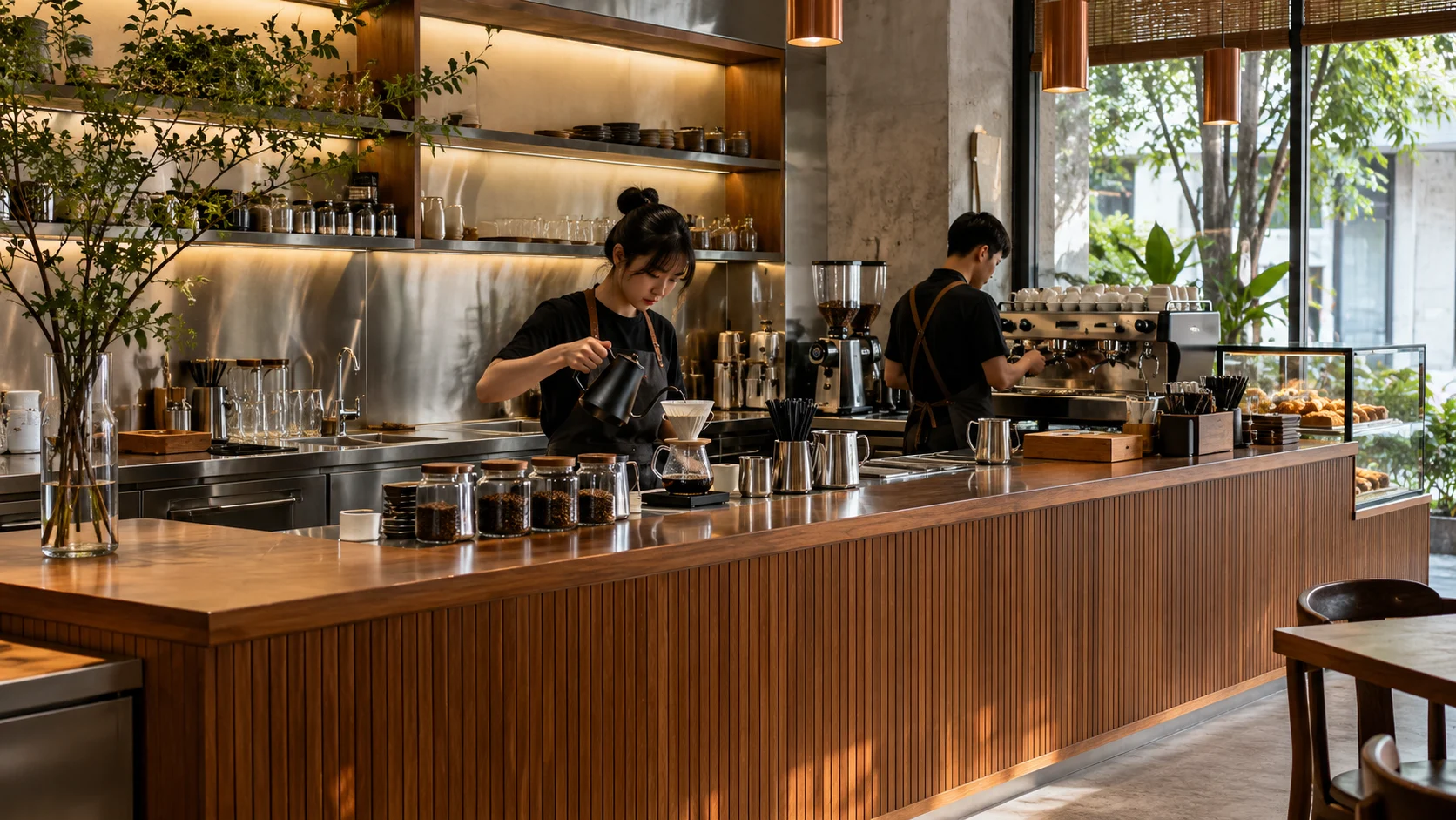 Quầy pha chế phối hợp mặt ngoài gỗ và khu thao tác inox