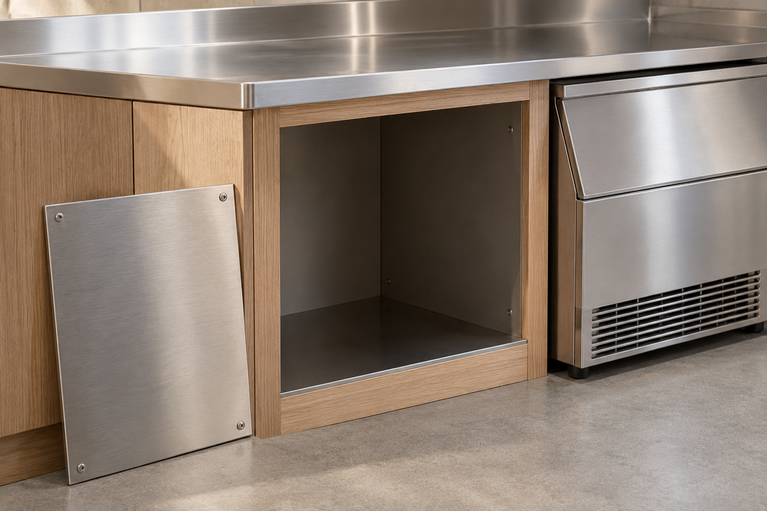 Minh họa AI chi tiết mặt quầy inox, cạnh tủ hoàn thiện và tấm che kỹ thuật có thể tháo