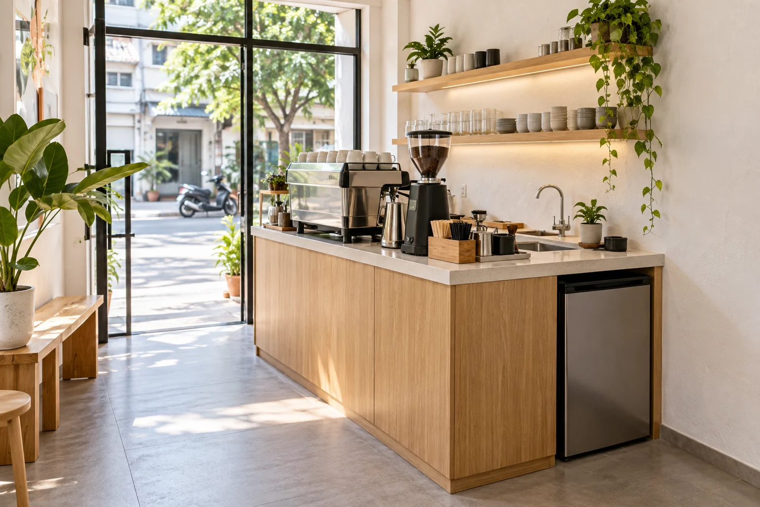 Quầy pha chế mini gỗ sáng cho cửa hàng cà phê take-away