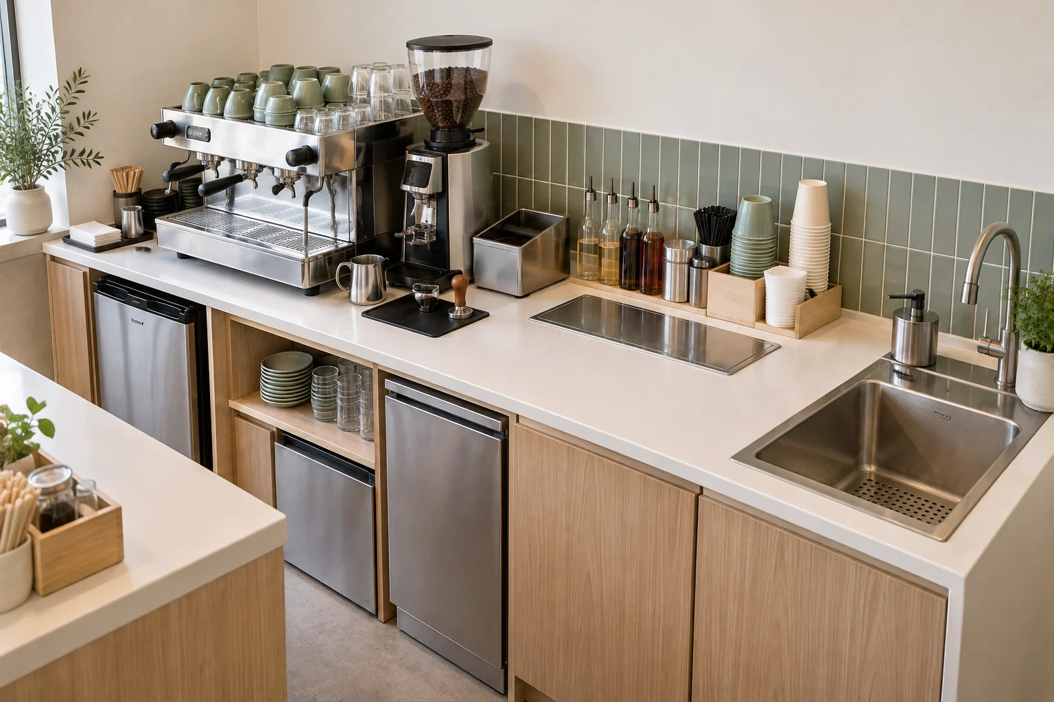 Mặt thao tác quầy pha chế mini với máy cà phê và chậu rửa